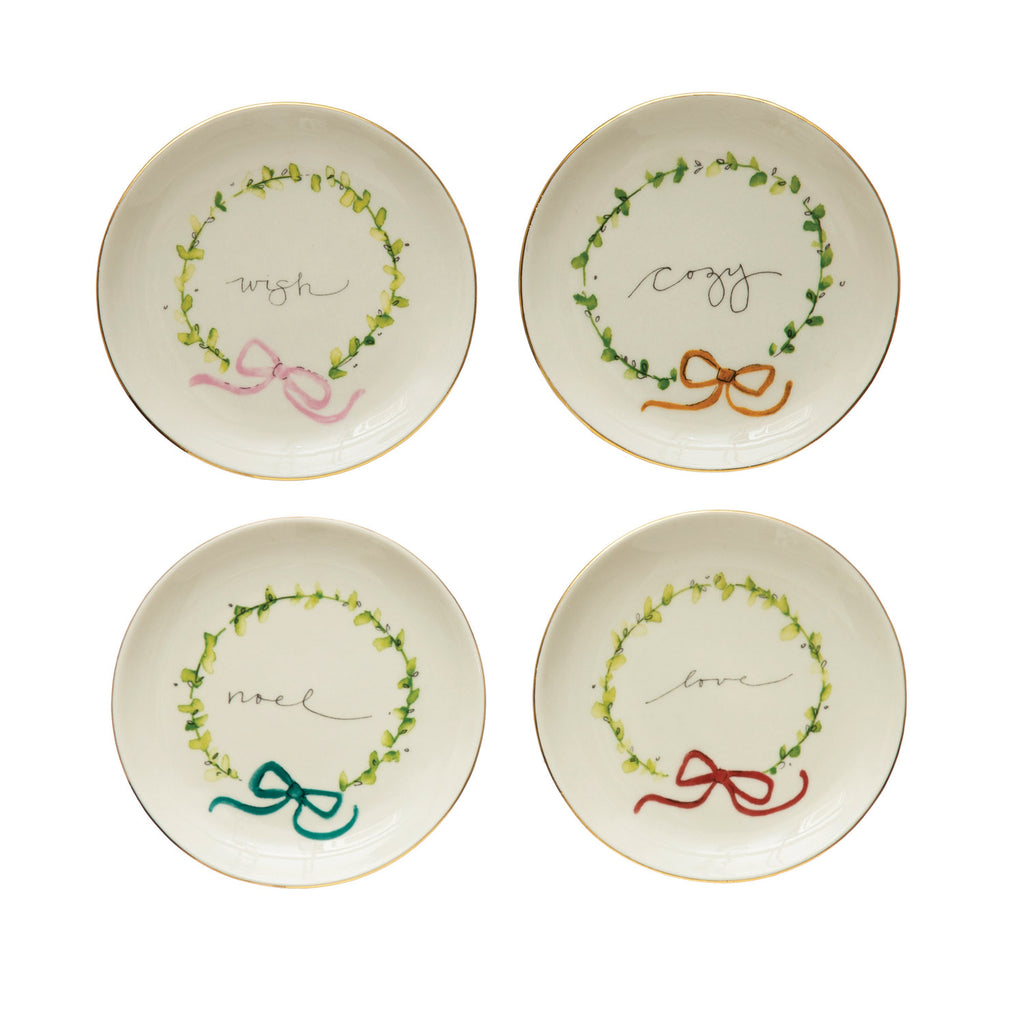 Stoneware Plate with Holiday Word, Wreath and Gold Electroplating – mint.