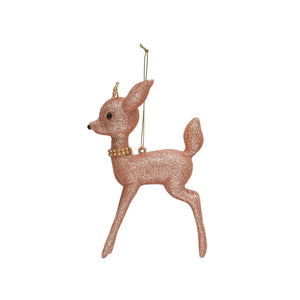 Plastic Deer Ornament w/ Glitter & Crystal Collar, Pink
